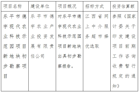 樂平德宇公司現(xiàn)代農(nóng)業(yè)科技示范園項(xiàng)目新地塊初步勘察項(xiàng)目計劃公告